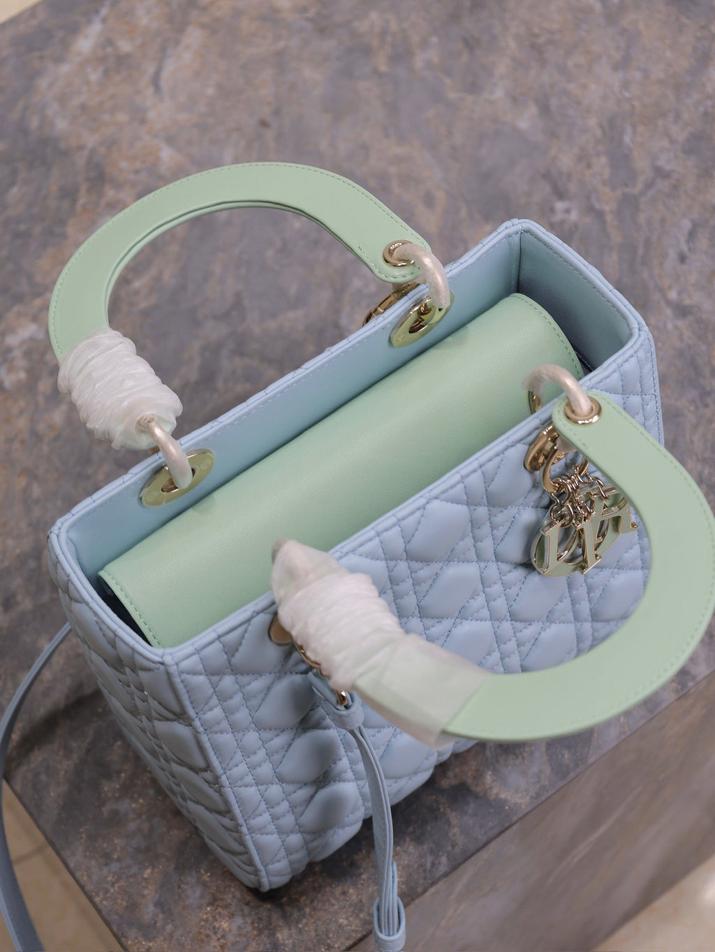 DIOR LADY BAG 24 IN BABY BLUE QUILTED MACROCANNAGE CALFSKIN GREEN STRAP