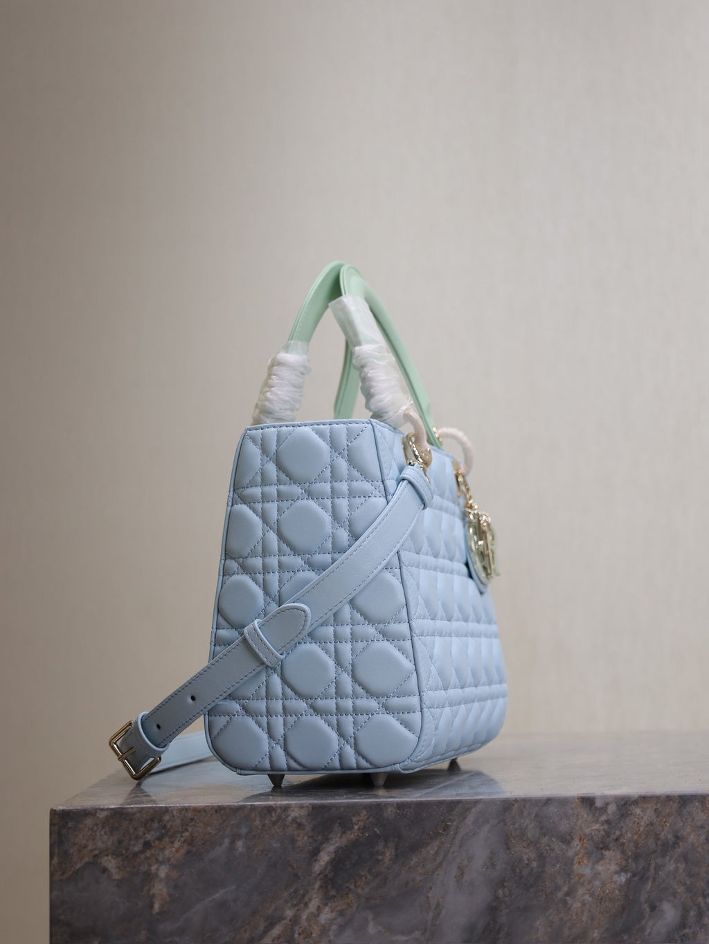 DIOR LADY BAG 24 IN BABY BLUE QUILTED MACROCANNAGE CALFSKIN GREEN STRAP