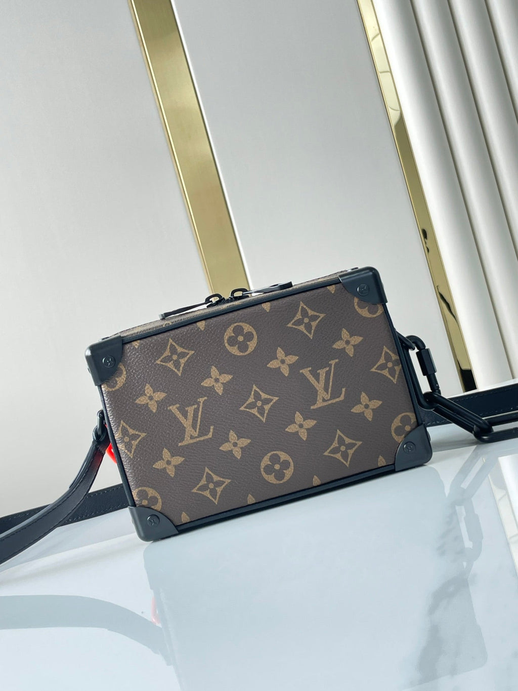 LOUIS VUITTON MINI SOFT TRUNK 18 IN BROWN MONOGRAM CANVAS RED ORANGE CHAIN