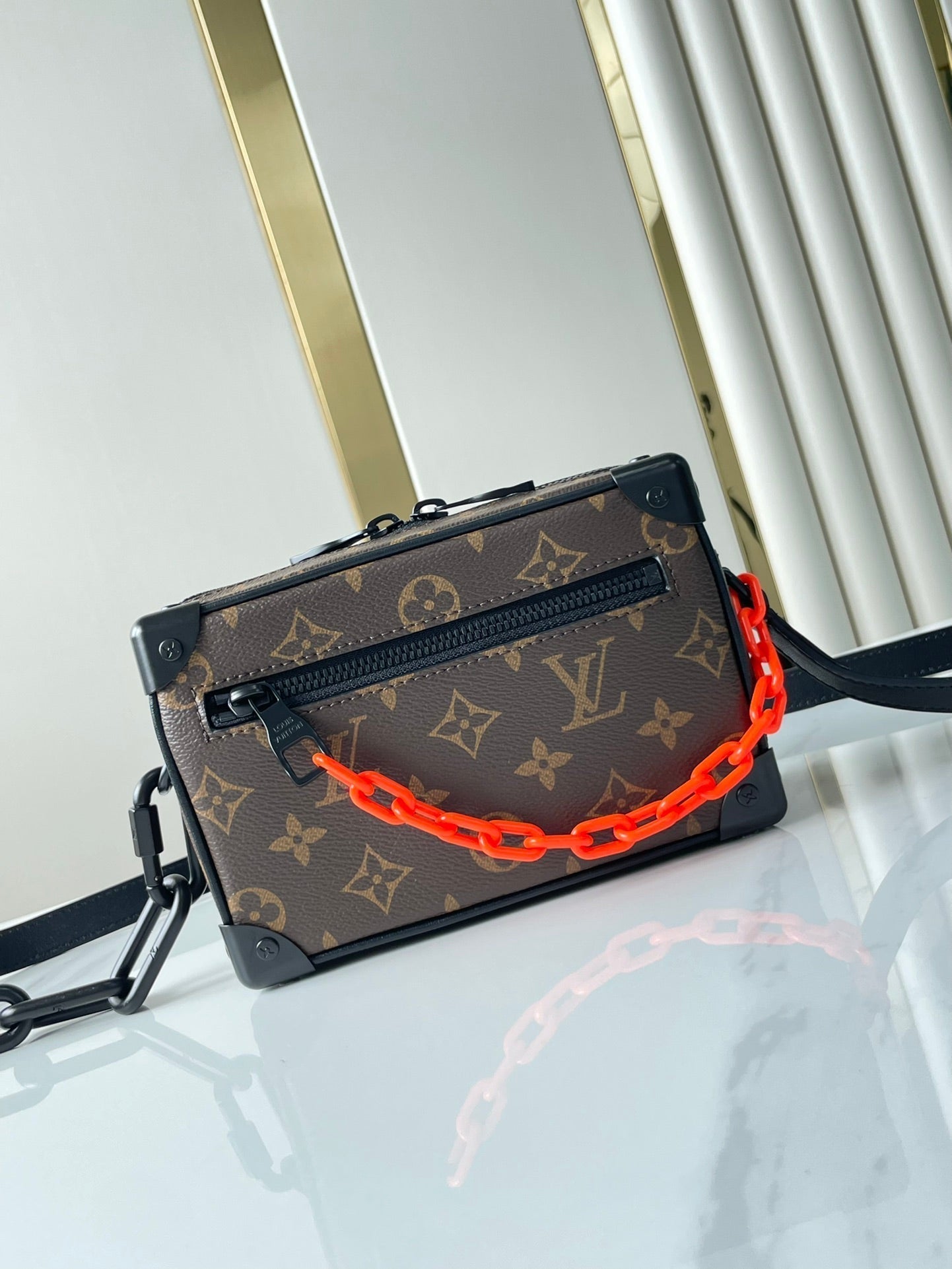 LOUIS VUITTON MINI SOFT TRUNK 18 IN BROWN MONOGRAM CANVAS RED ORANGE CHAIN