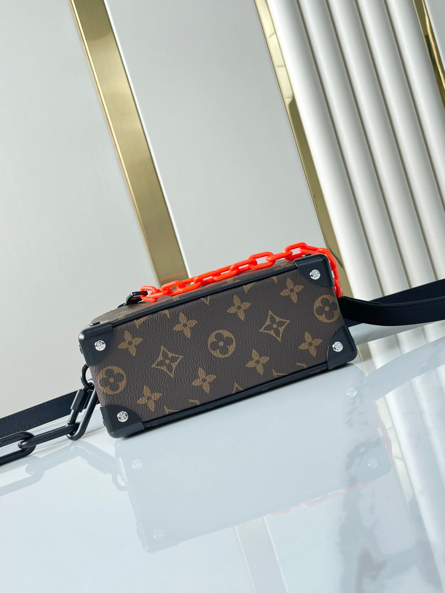 LOUIS VUITTON MINI SOFT TRUNK 18 IN BROWN MONOGRAM CANVAS RED ORANGE CHAIN