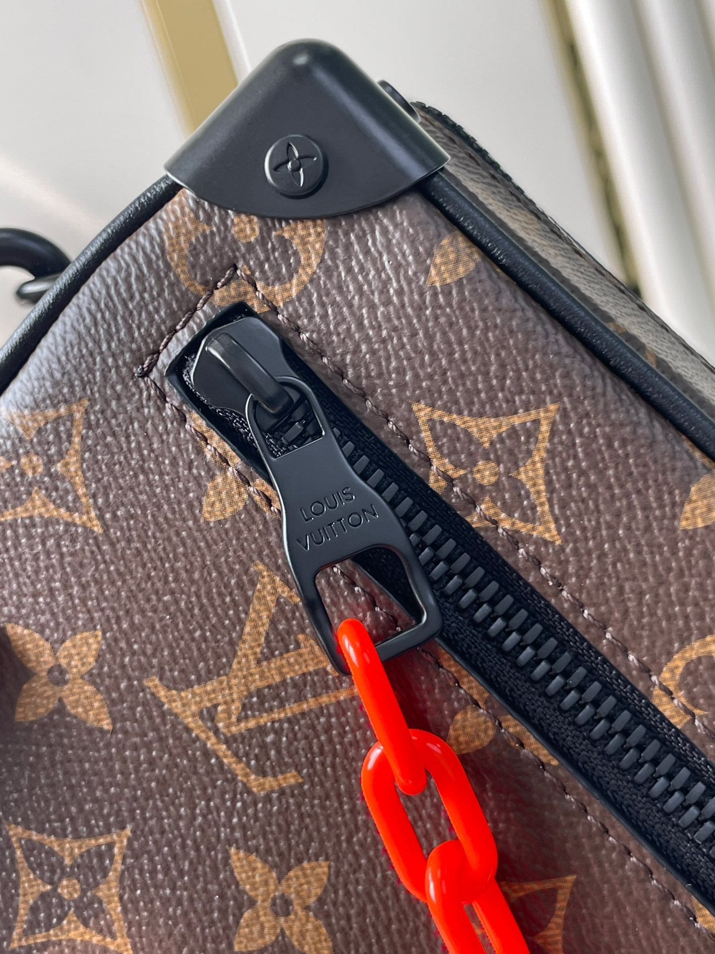 LOUIS VUITTON MINI SOFT TRUNK 18 IN BROWN MONOGRAM CANVAS RED ORANGE CHAIN