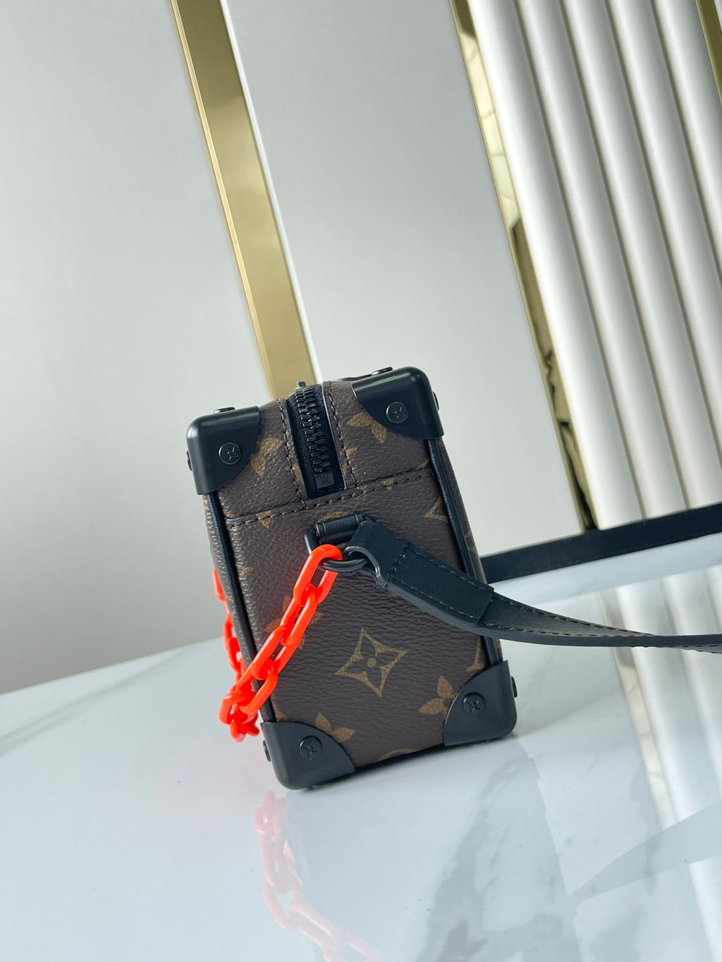 LOUIS VUITTON MINI SOFT TRUNK 18 IN BROWN MONOGRAM CANVAS RED ORANGE CHAIN