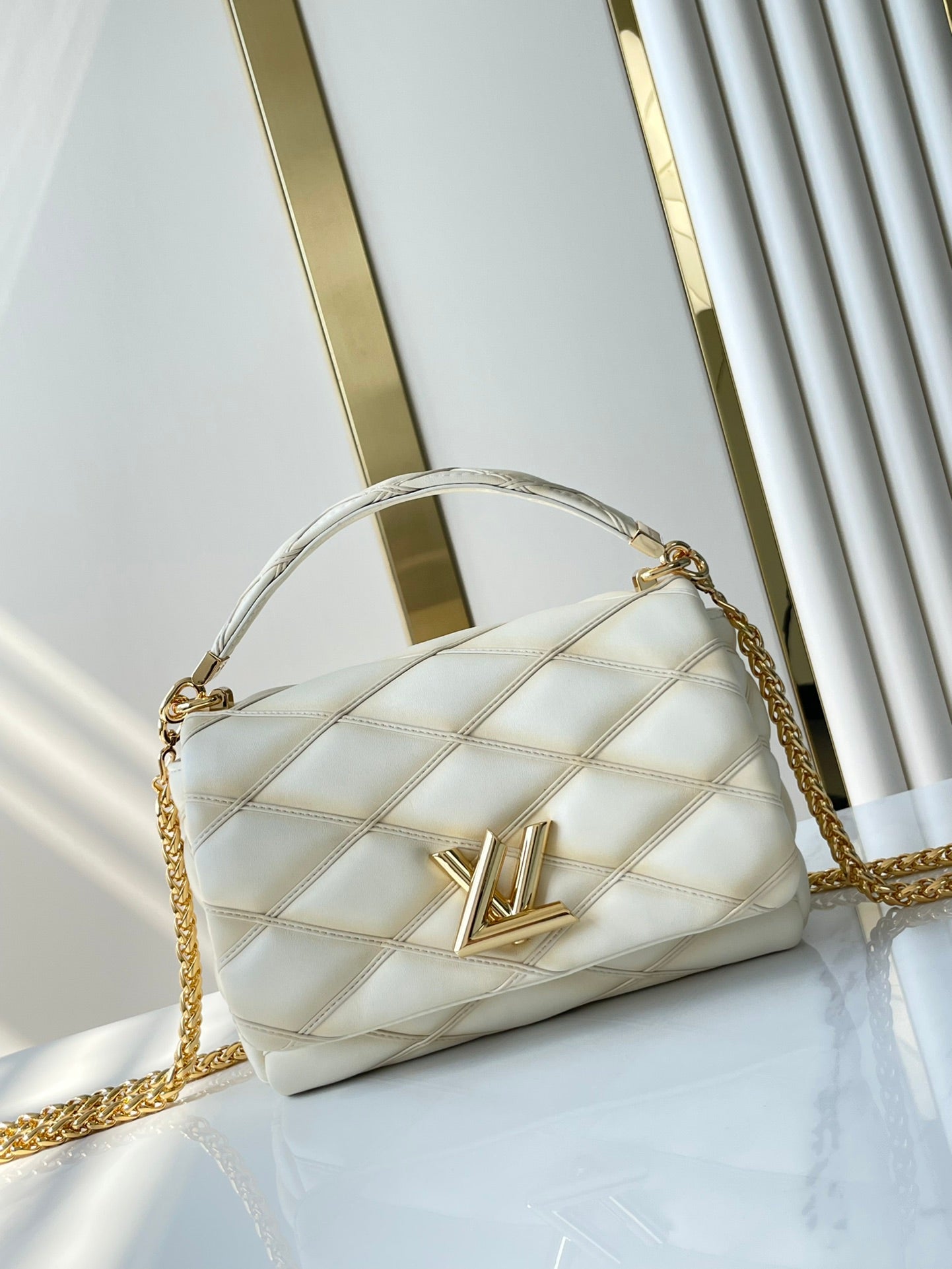 LOUIS VUITTON GO-14 PM 20 IN CREAM QUILTED LAMBSKIN GOLD HARDWARE