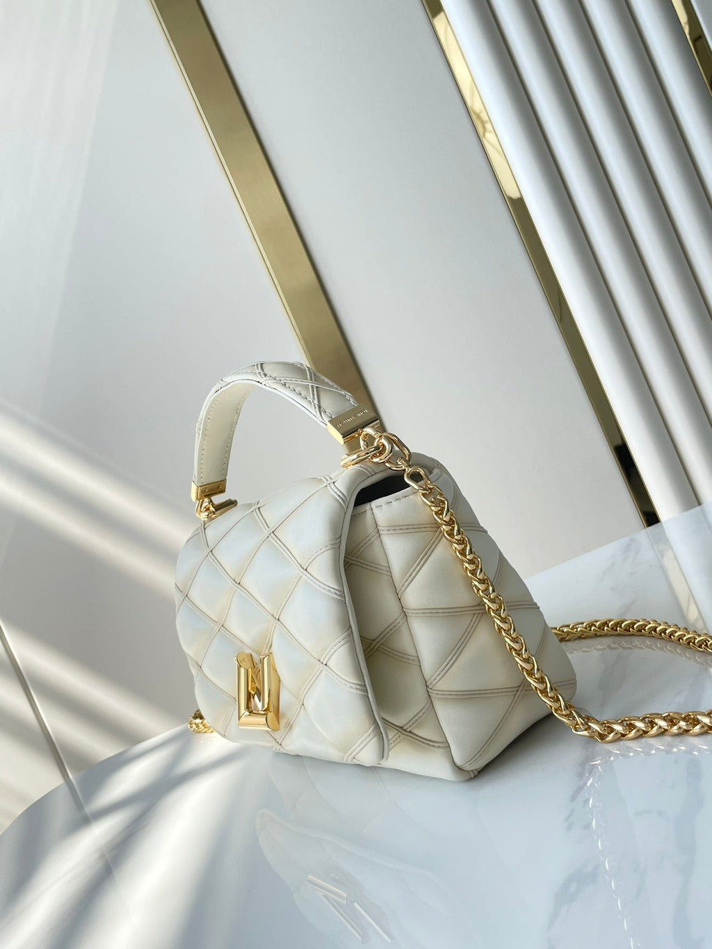 LOUIS VUITTON GO-14 PM 20 IN CREAM QUILTED LAMBSKIN GOLD HARDWARE