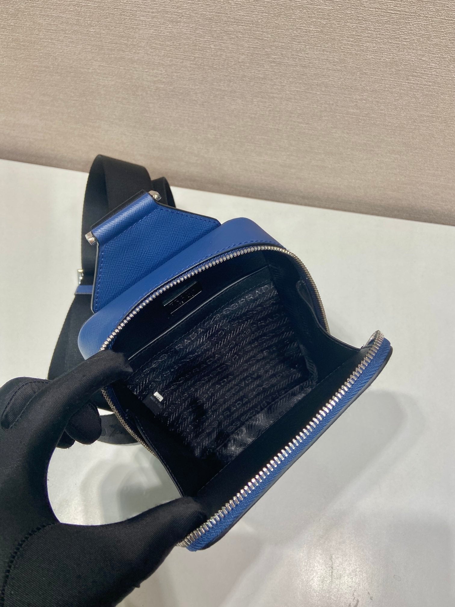 PRADA CHEST BAG 20 IN CLASSIC BLUE SAFFIANO LEATHER