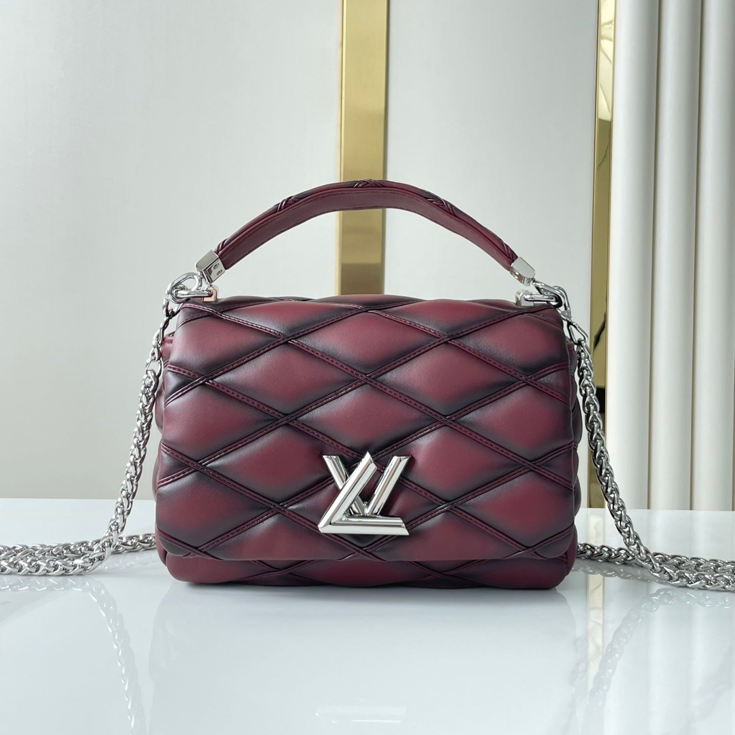 LOUIS VUITTON GO-14 PM 20 IN BORDEAUX RED QUILTED LAMBSKIN GOLD HARDWARE