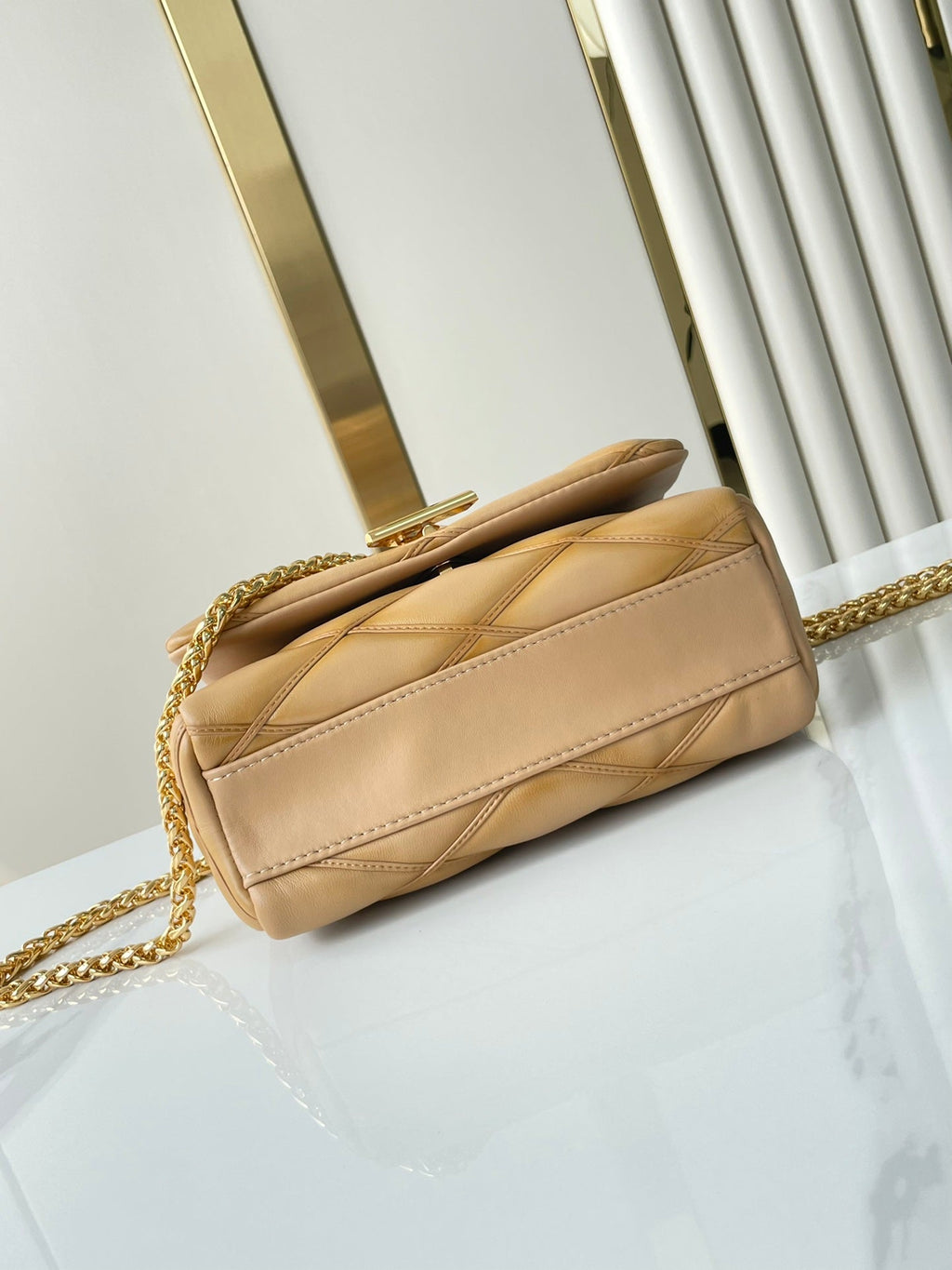 LOUIS VUITTON GO-14 PM 20 IN LIGHT FAWN QUILTED LAMBSKIN GOLD HARDWARE