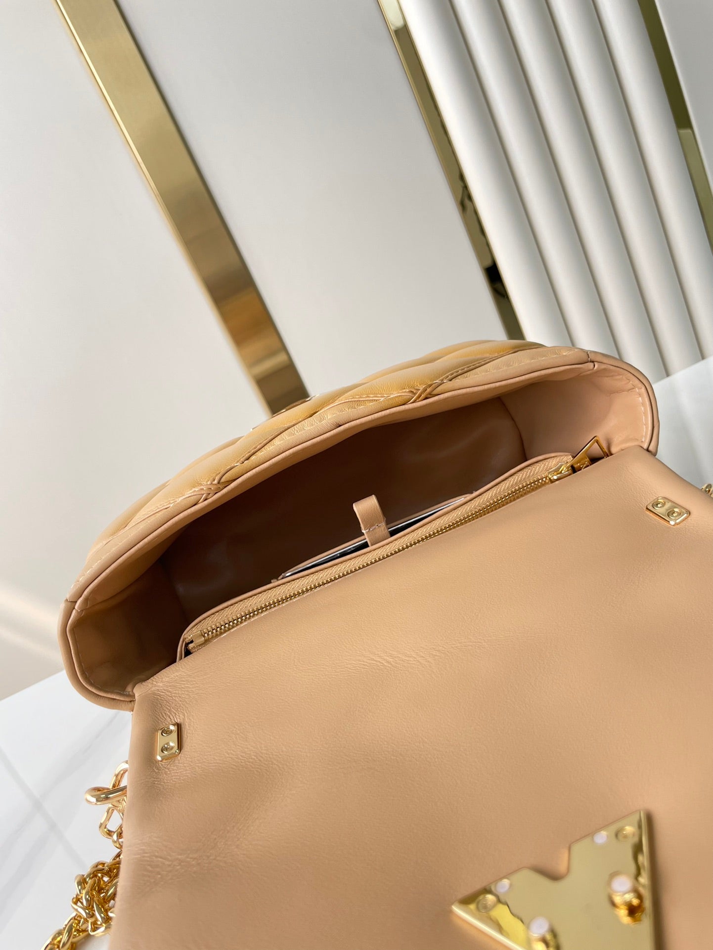 LOUIS VUITTON GO-14 PM 20 IN LIGHT FAWN QUILTED LAMBSKIN GOLD HARDWARE