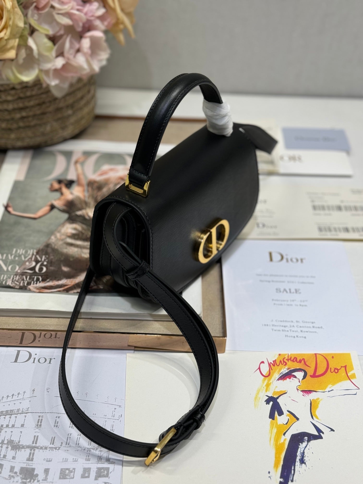DIOR SMALL 19 MONTAIGNE AVENUE TOP HANDLE BAG BLACK SMOOTH CALFSKIN 221147