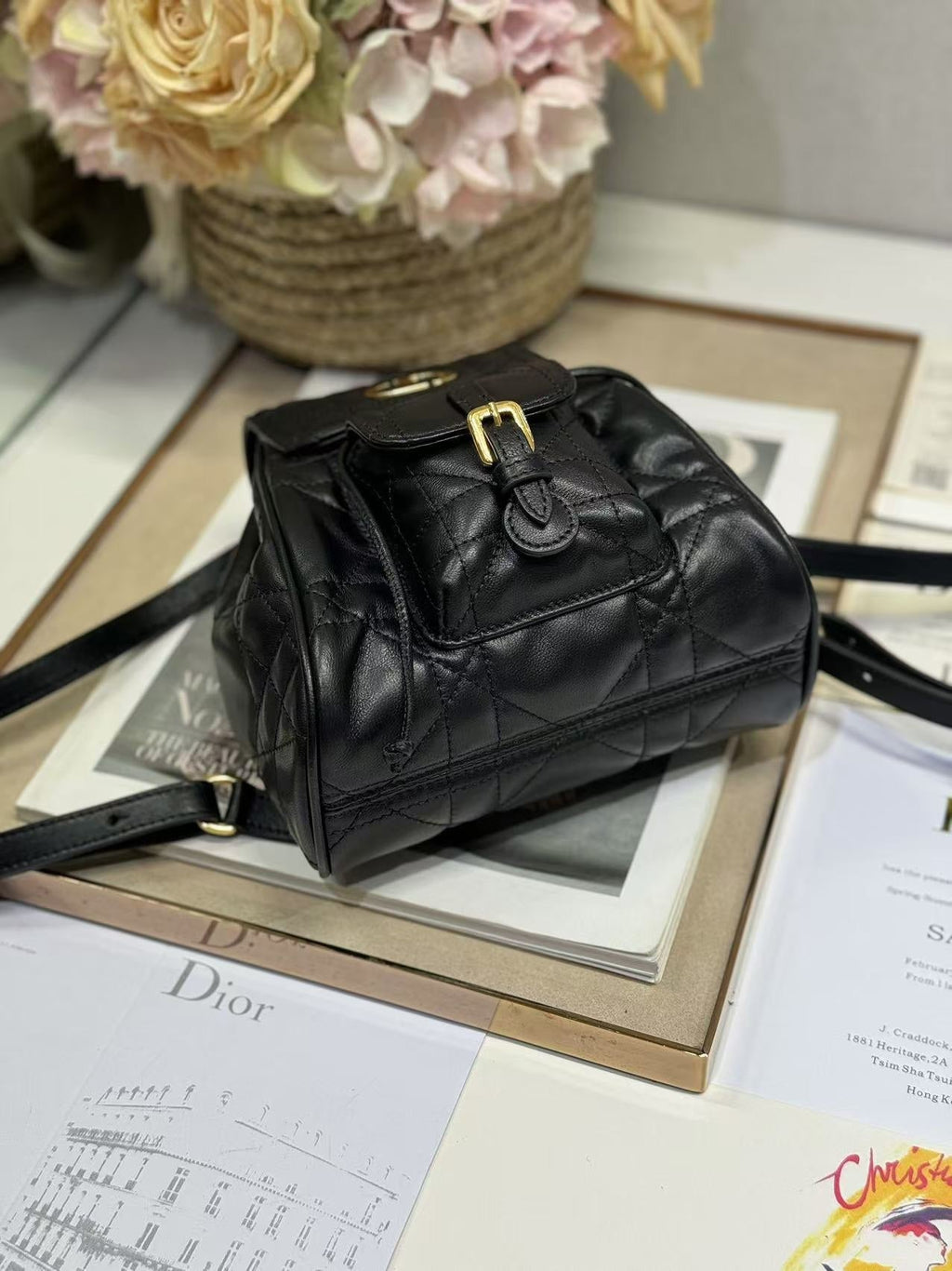 DIOR SMALL CARO BACKPACK 20 IN BLACK MACROCANNAGE LAMBSKIN