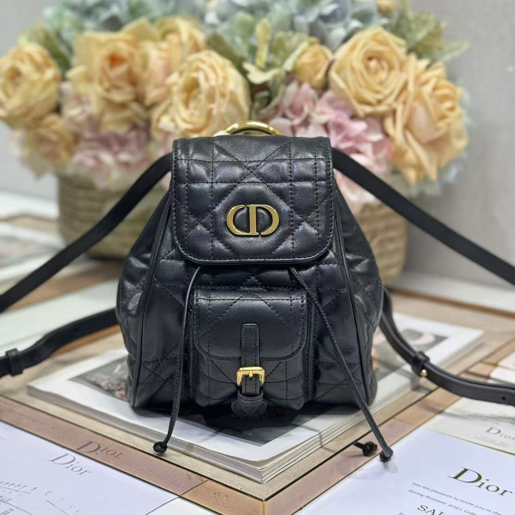 DIOR SMALL CARO BACKPACK 20 IN BLACK MACROCANNAGE LAMBSKIN