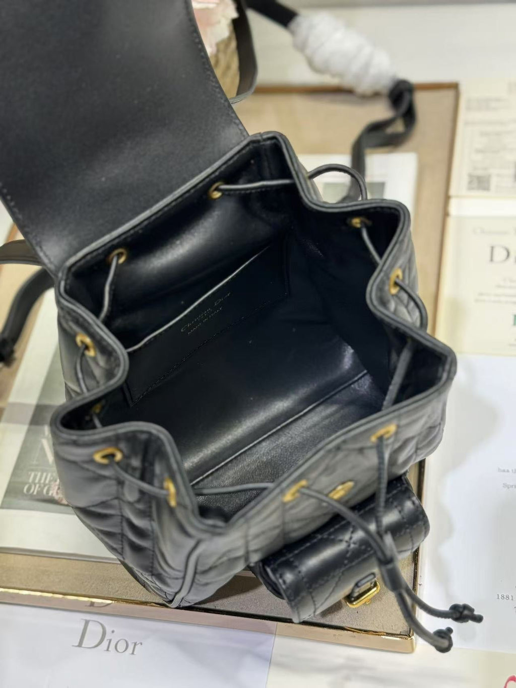 DIOR SMALL CARO BACKPACK 20 IN BLACK MACROCANNAGE LAMBSKIN