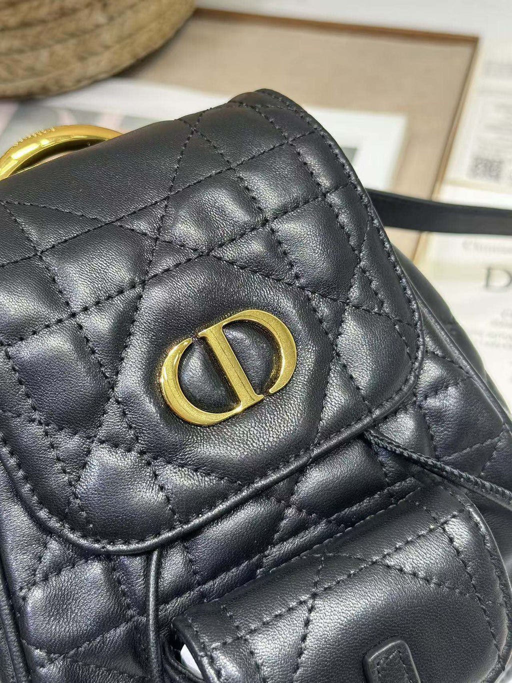DIOR SMALL CARO BACKPACK 20 IN BLACK MACROCANNAGE LAMBSKIN