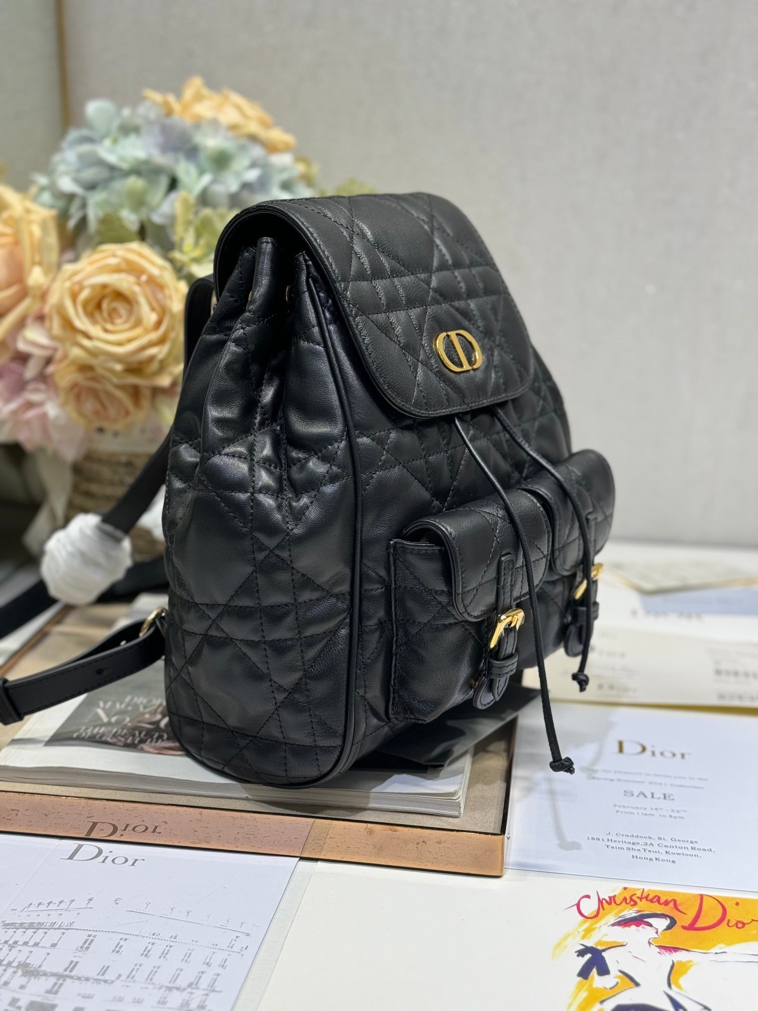 DIOR MEDIUM CARO BACKPACK 27 IN BLACK MACROCANNAGE LAMBSKIN