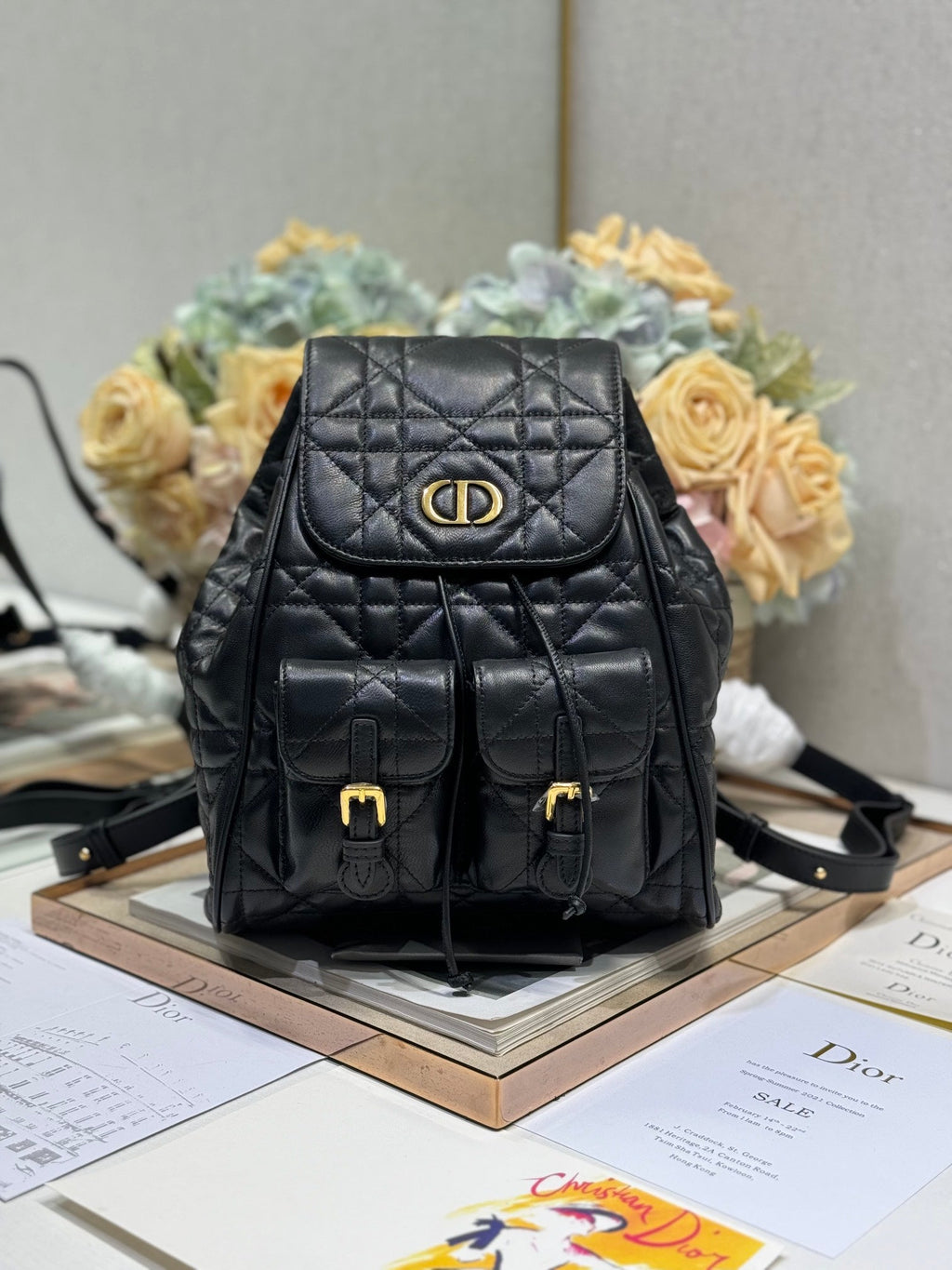 DIOR MEDIUM CARO BACKPACK 27 IN BLACK MACROCANNAGE LAMBSKIN