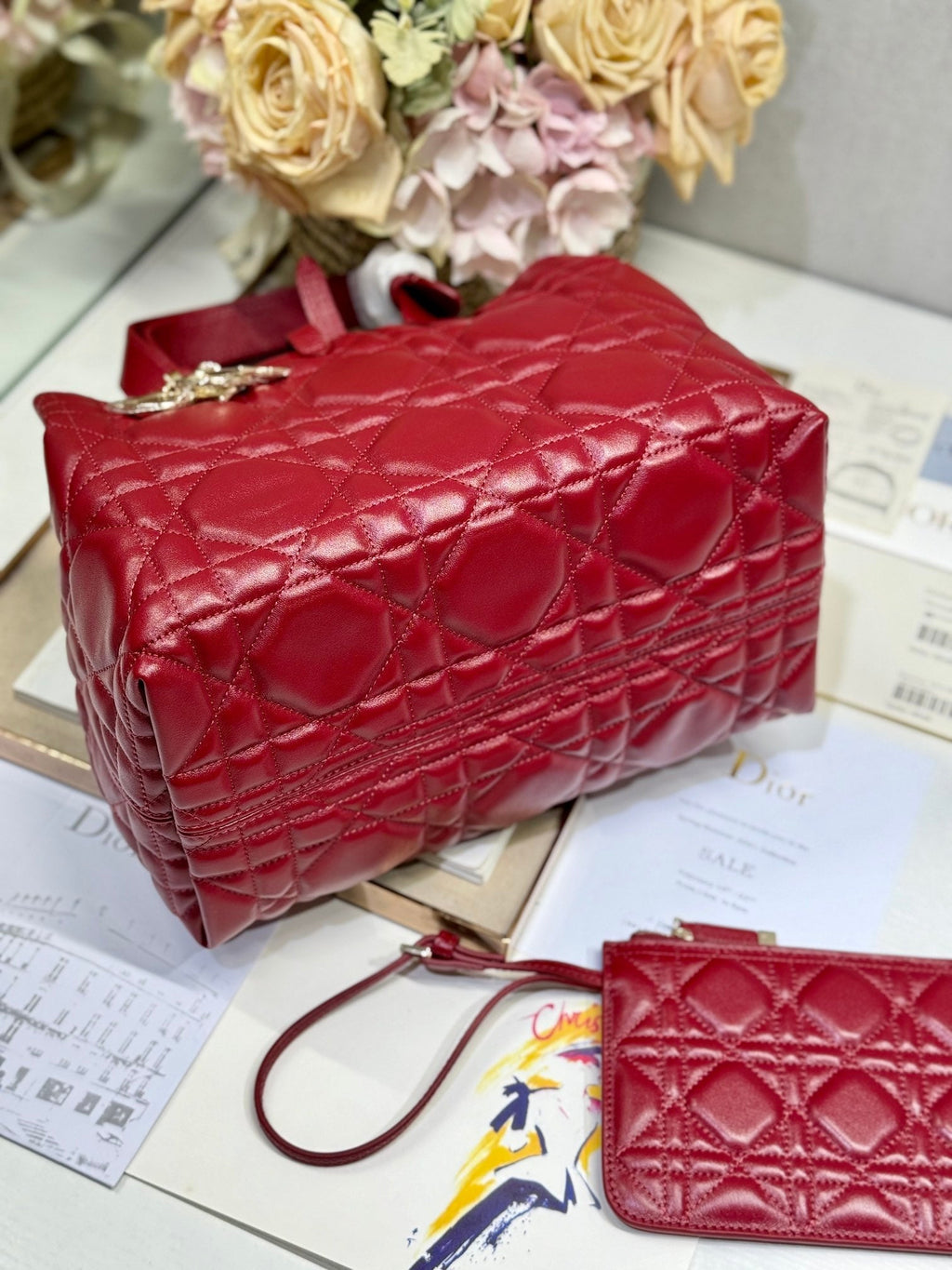 DIOR SMALL 28 TOUJOURS BAG IN RUBY RED MACROCANNAGE LAMBSKIN