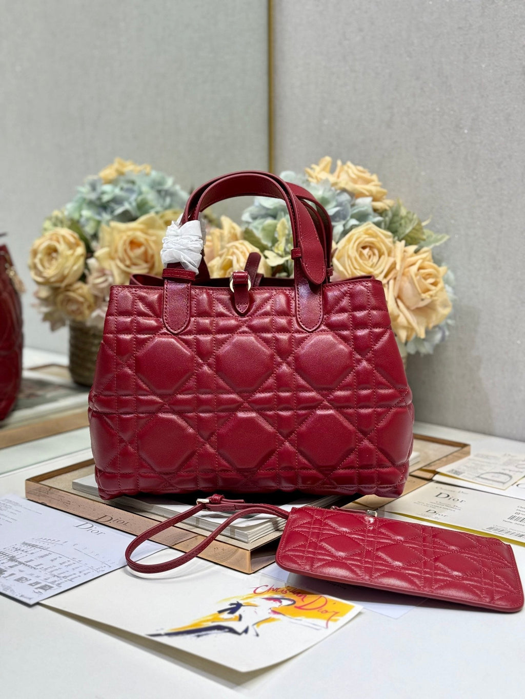 DIOR SMALL 28 TOUJOURS BAG IN RUBY RED MACROCANNAGE LAMBSKIN