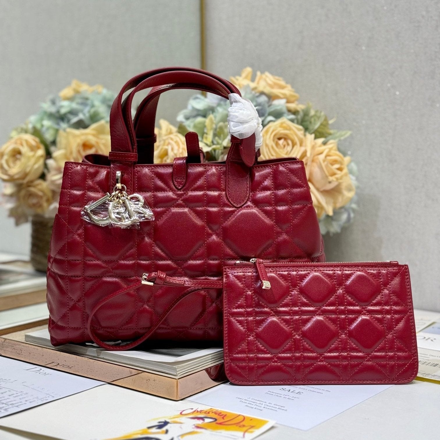 DIOR SMALL 28 TOUJOURS BAG IN RUBY RED MACROCANNAGE LAMBSKIN