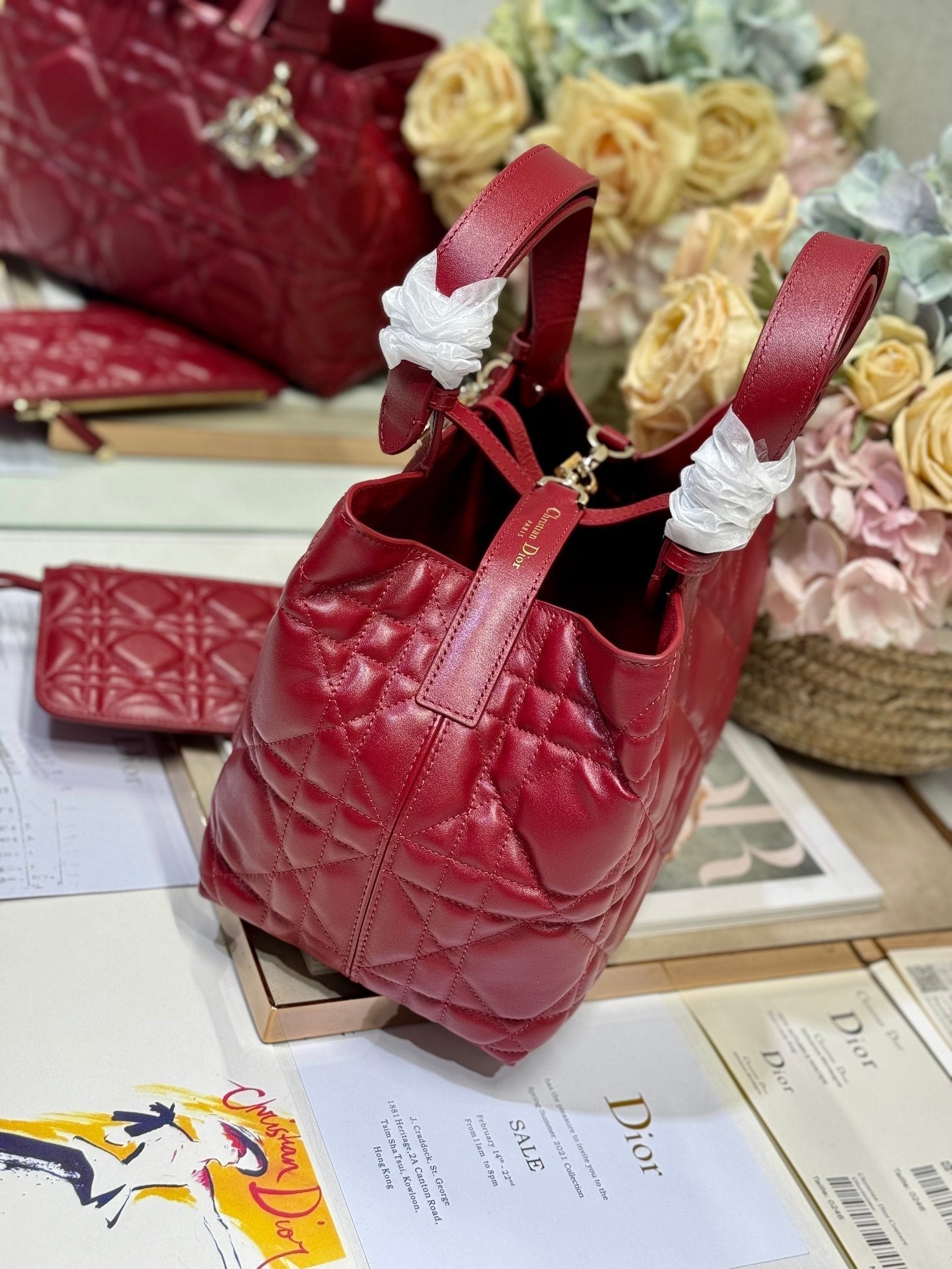 DIOR SMALL 28 TOUJOURS BAG IN RUBY RED MACROCANNAGE LAMBSKIN