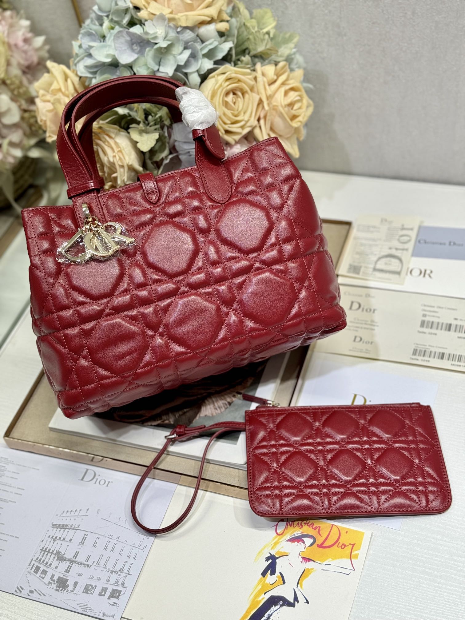 DIOR SMALL 28 TOUJOURS BAG IN RUBY RED MACROCANNAGE LAMBSKIN