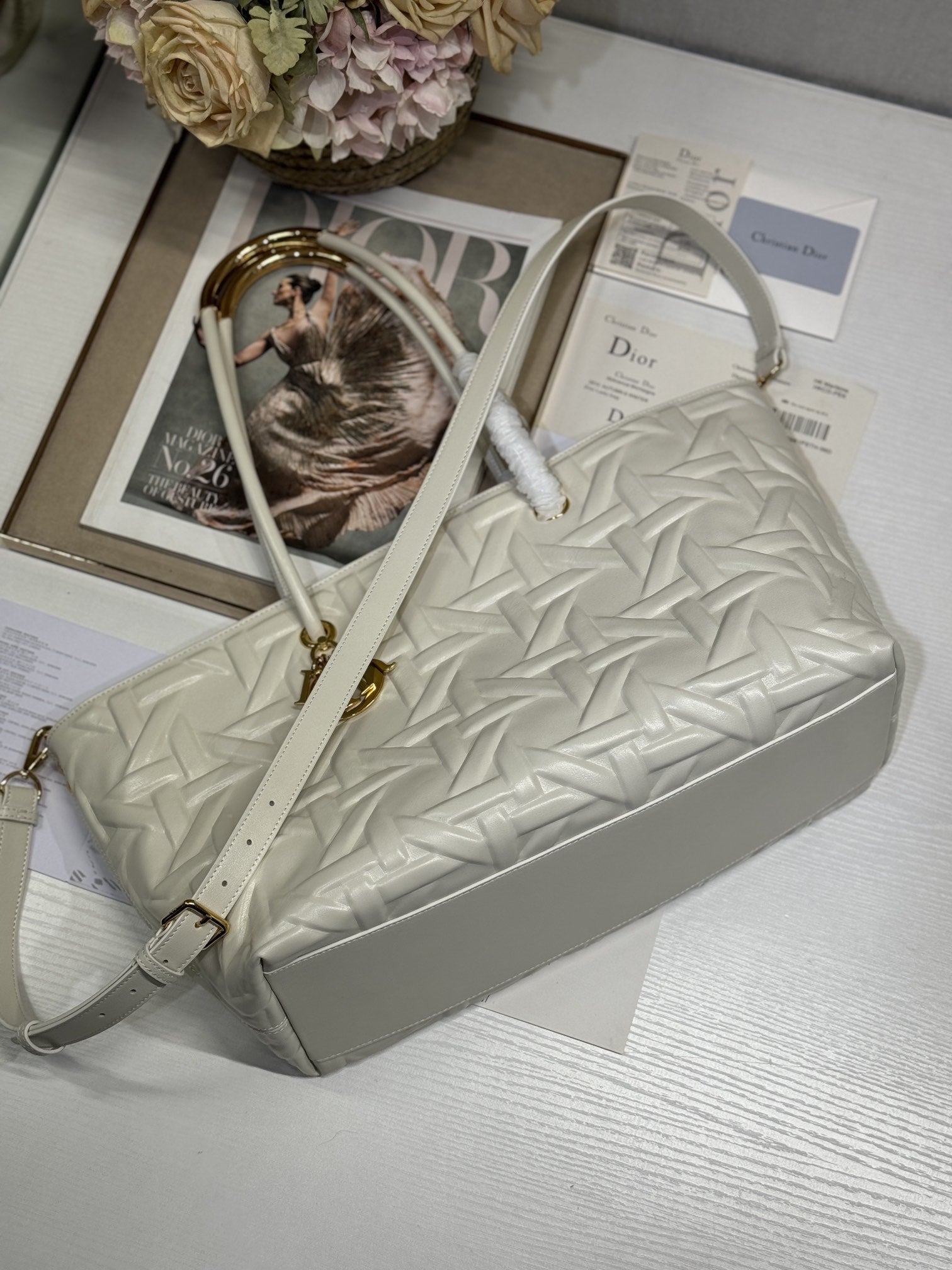DIOR LARGE 41 TOUJOURS BAG IN WHITE MACROCANNAGE LAMBSKIN