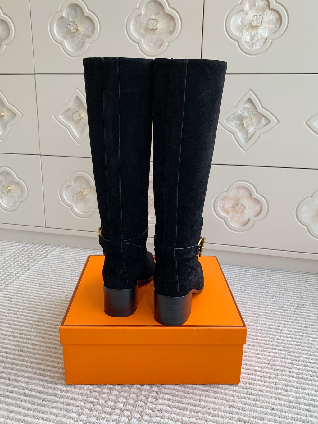 HERMES 25S TALL BOOTS 50 MM IN BLACK SUEDE WITH GOLD HARDWARE