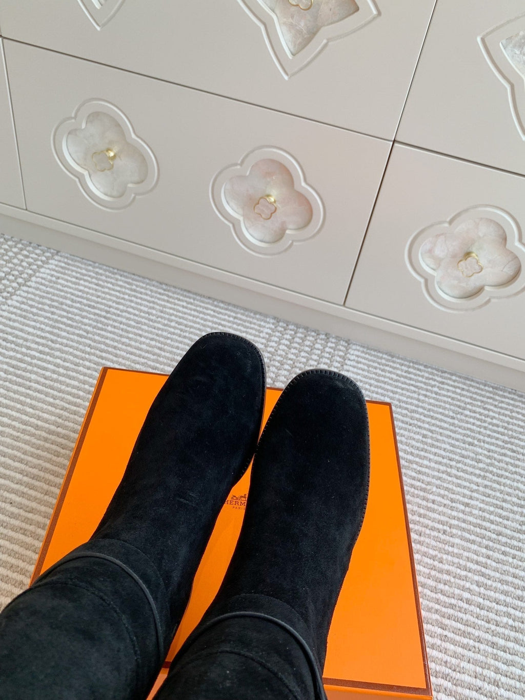 HERMES 25S TALL BOOTS 50 MM IN BLACK SUEDE WITH GOLD HARDWARE