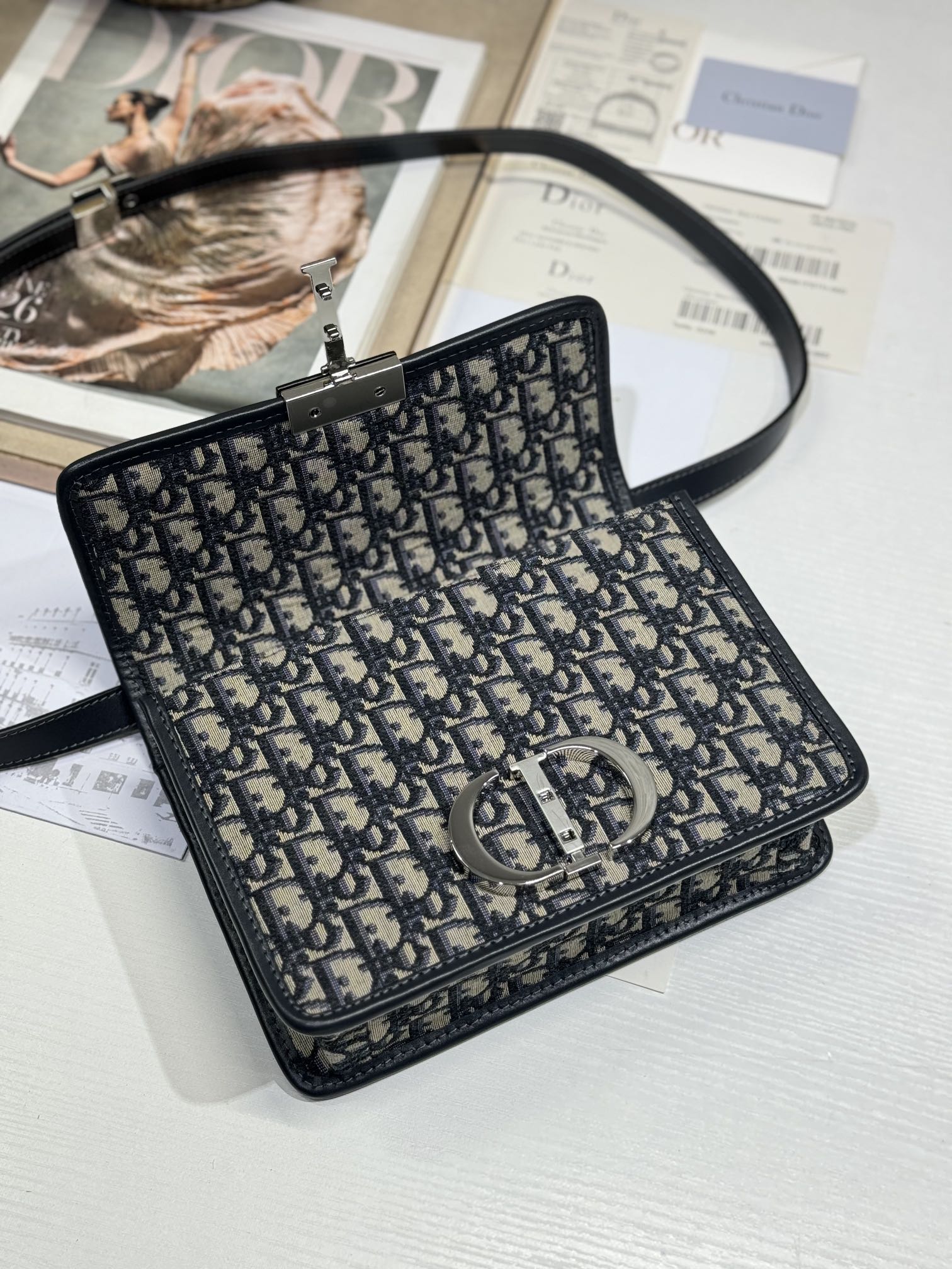 DIOR MONTAIGNE EAST-WEST BAG 24 IN BLACK LAMBSKIN AND MONOGRAM OBLIQUE JACQUARD