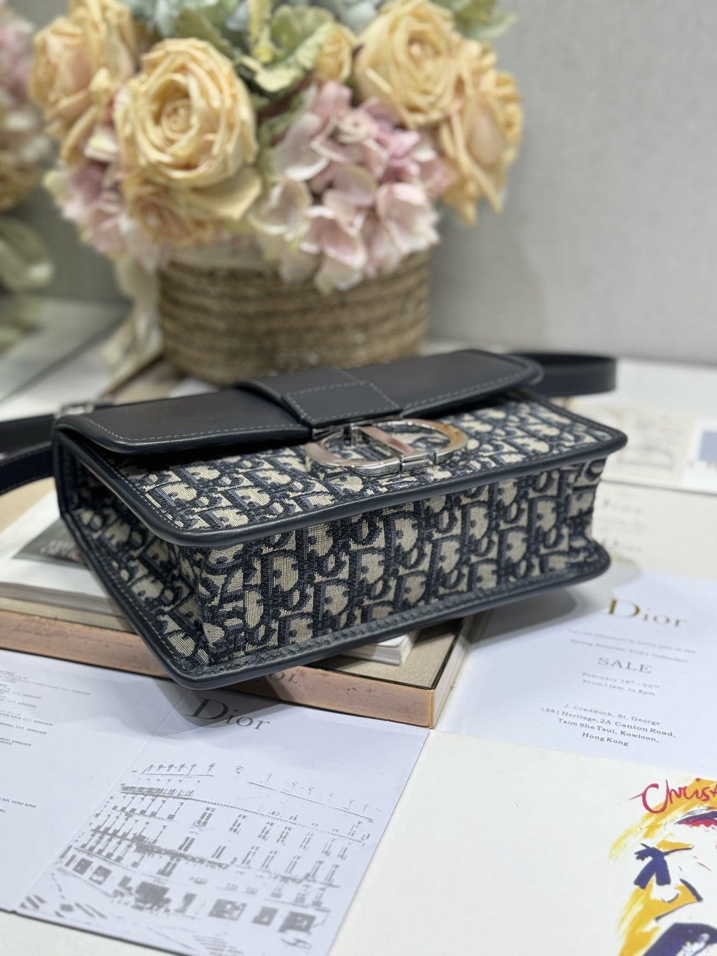 DIOR MONTAIGNE EAST-WEST BAG 24 IN BLACK LAMBSKIN AND MONOGRAM OBLIQUE JACQUARD