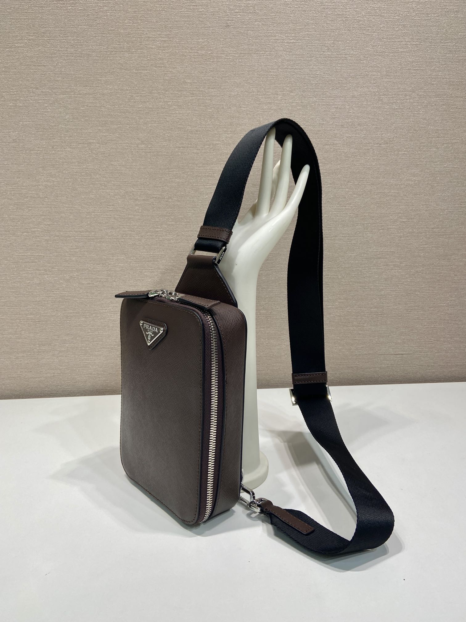 PRADA CHEST BAG 20 IN CHOCOLATE SAFFIANO LEATHER