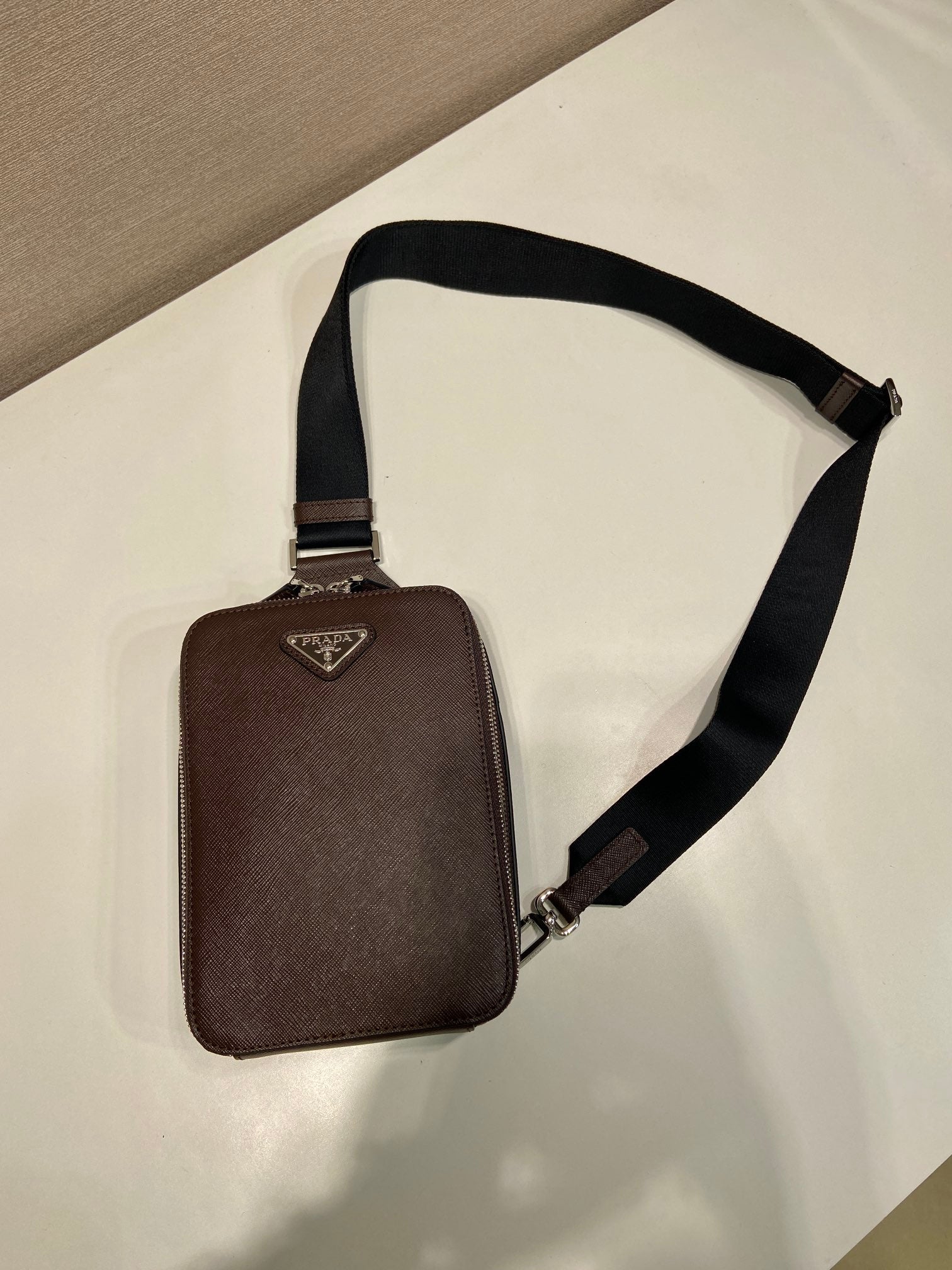 PRADA CHEST BAG 20 IN CHOCOLATE SAFFIANO LEATHER