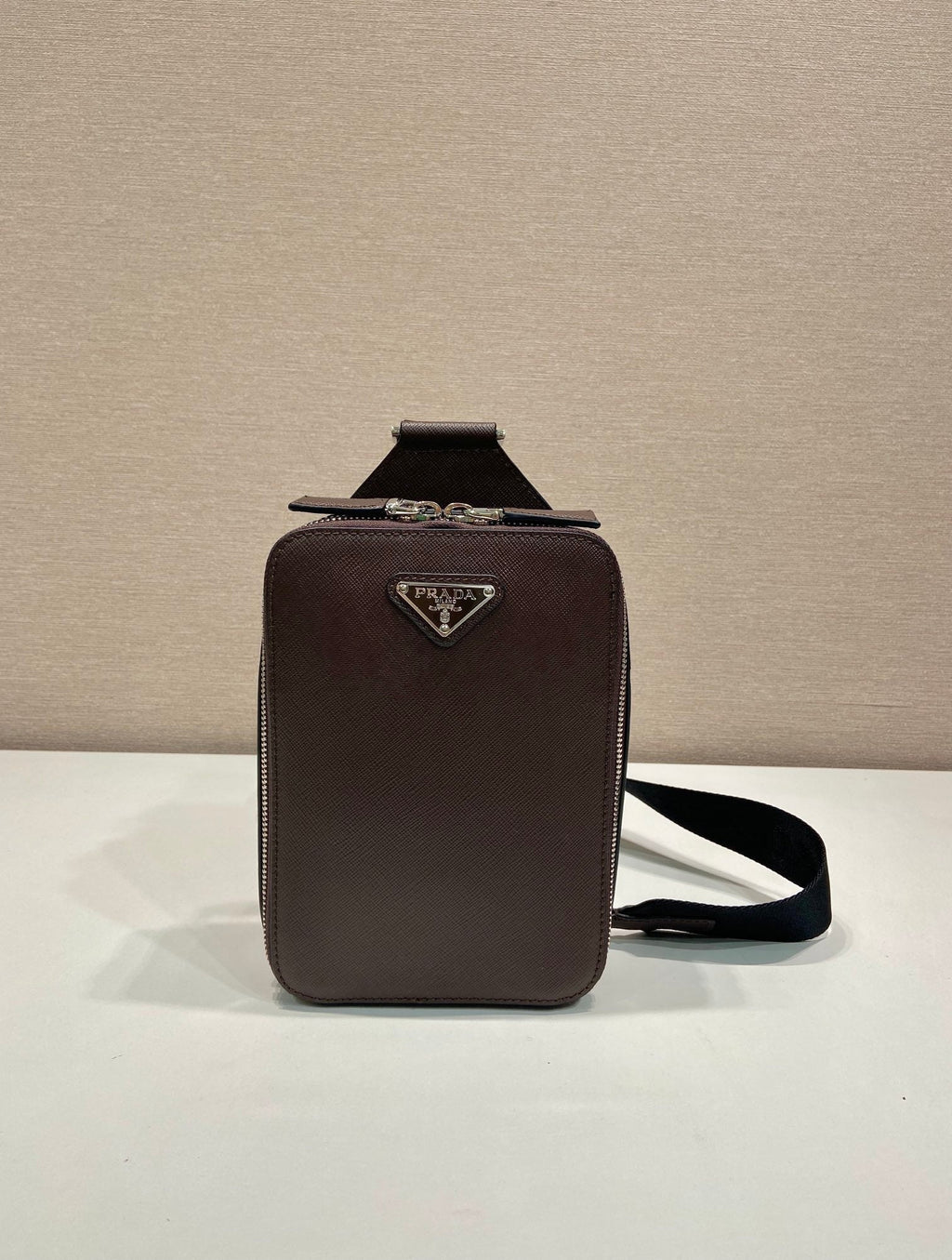 PRADA CHEST BAG 20 IN CHOCOLATE SAFFIANO LEATHER