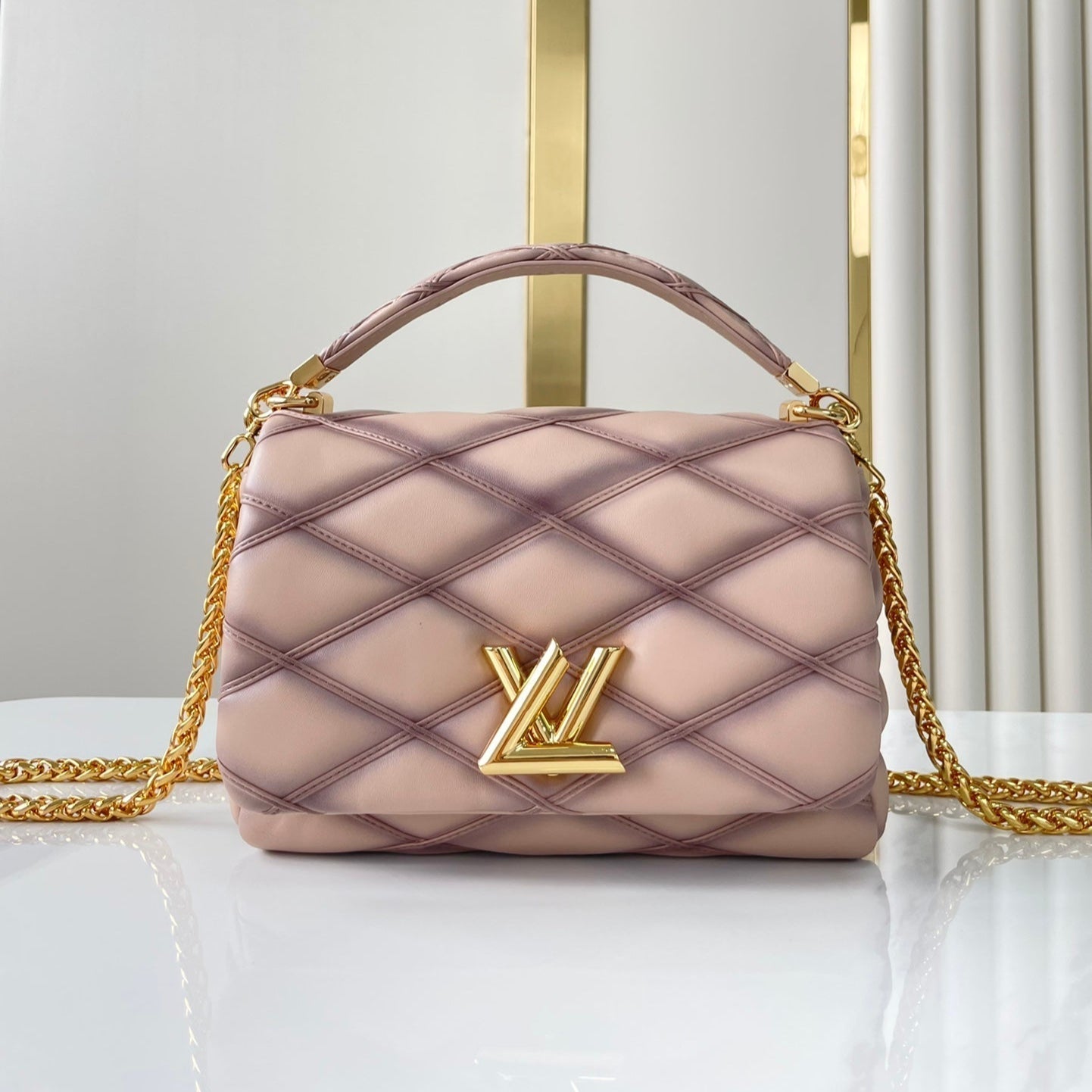 LOUIS VUITTON GO-14 MM 23 IN LIGHT PINK QUILTED LAMBSKIN GOLD HARDWRE