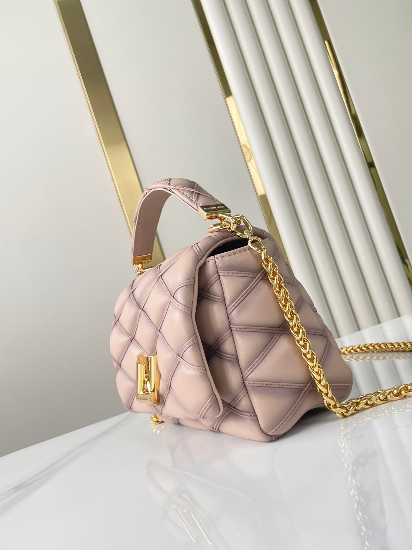 LOUIS VUITTON GO-14 MM 23 IN LIGHT PINK QUILTED LAMBSKIN GOLD HARDWARE