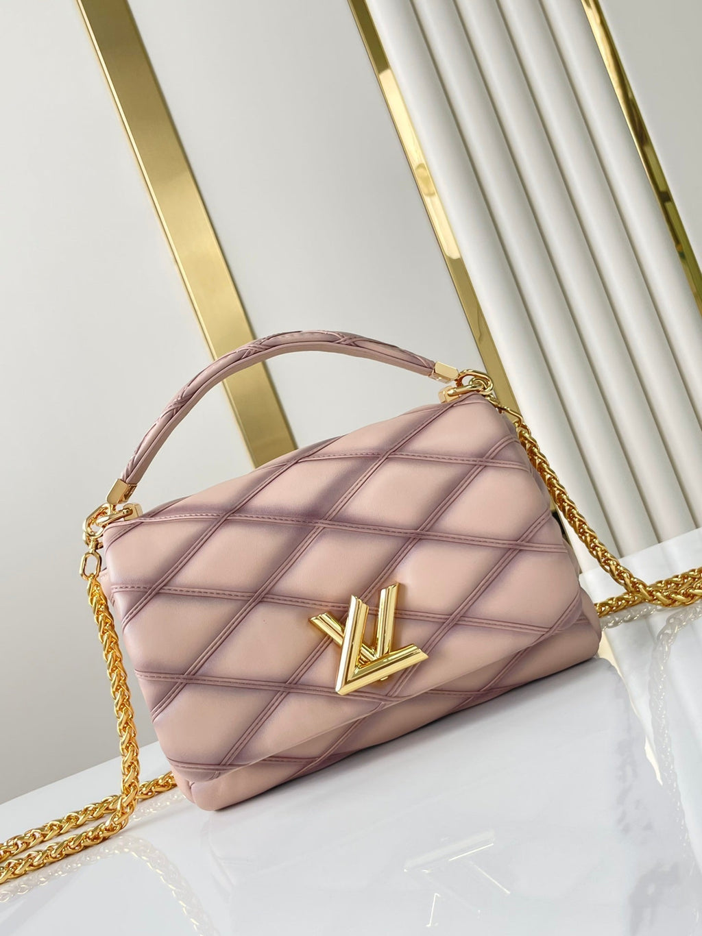LOUIS VUITTON GO-14 MM 23 IN LIGHT PINK QUILTED LAMBSKIN GOLD HARDWARE