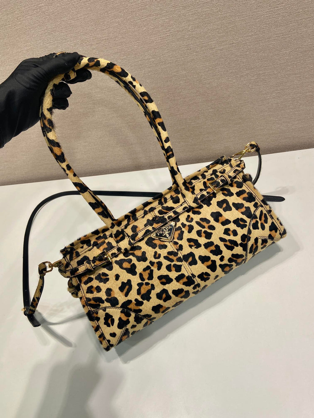 PRADA TOP HANDLE BAG 32 IN LEOPARD PRINT LEATHER