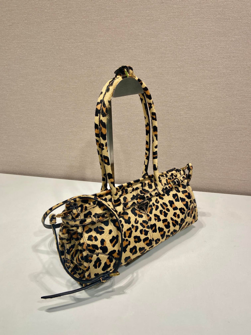PRADA TOP HANDLE BAG 32 IN LEOPARD PRINT LEATHER