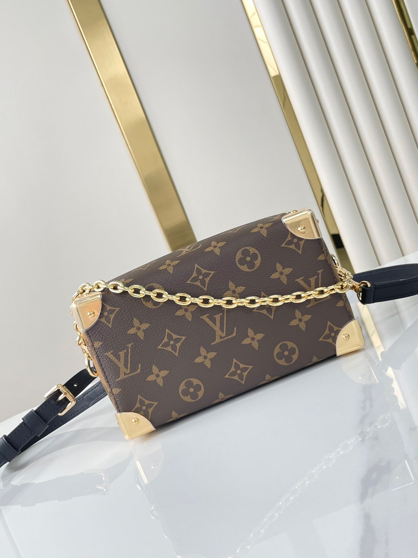 LOUIS VUITTON SPEEDY TRUNK 20 IN BROWN MONOGRAM CANVAS AND BLACK CALFSKIN TRIM GOLD BUCKLE