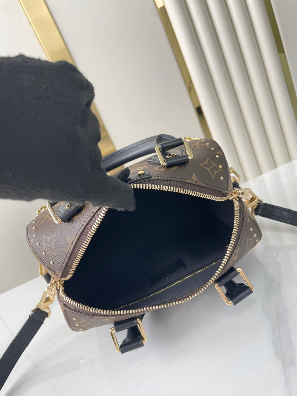 LOUIS VUITTON SPEEDY TRUNK 20 IN BROWN MONOGRAM CANVAS AND BLACK CALFSKIN TRIM GOLD BUCKLE