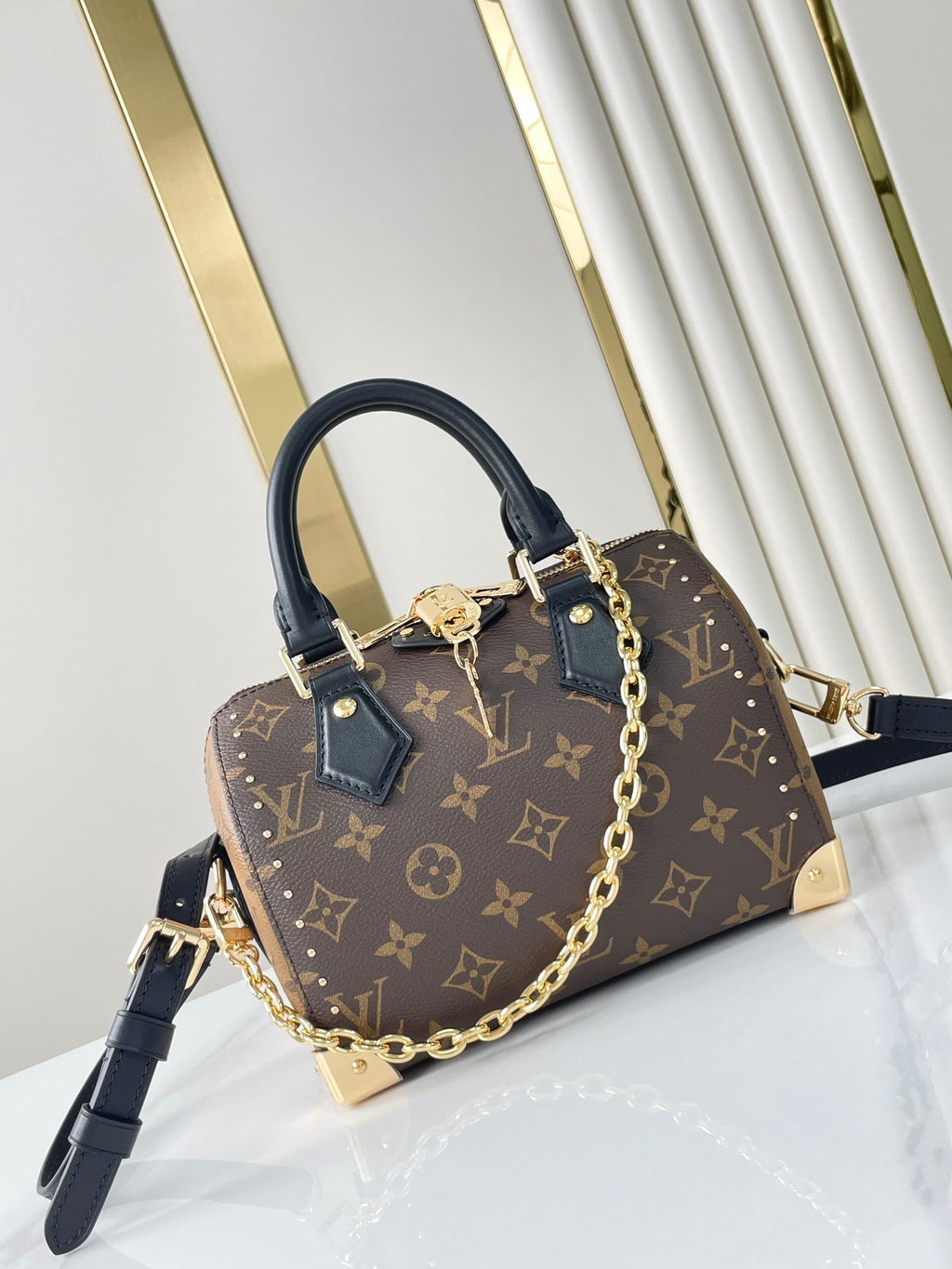 LOUIS VUITTON SPEEDY TRUNK 20 IN BROWN MONOGRAM CANVAS AND BLACK CALFSKIN TRIM GOLD BUCKLE