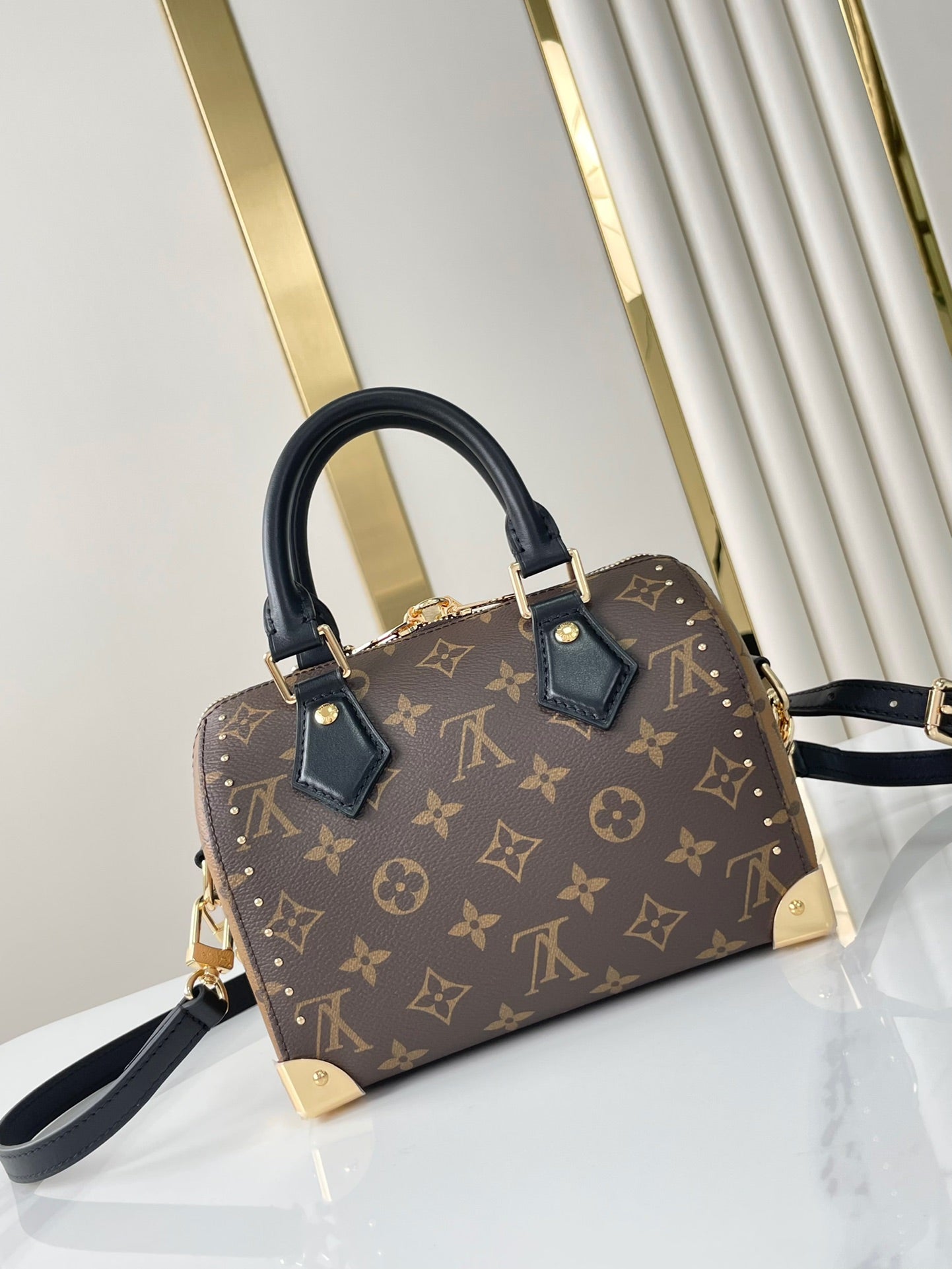 LOUIS VUITTON SPEEDY TRUNK 20 IN BROWN MONOGRAM CANVAS AND BLACK CALFSKIN TRIM GOLD BUCKLE