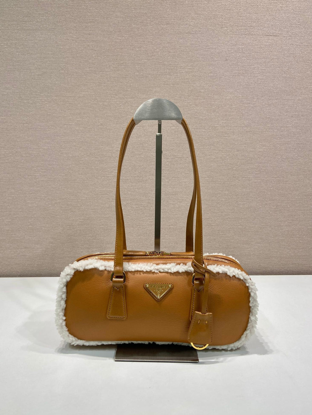PRADA TOP HANDLE BAG 27 IN BRONZE BROWN SHEEPSKIN AND SHEARLING TRIM