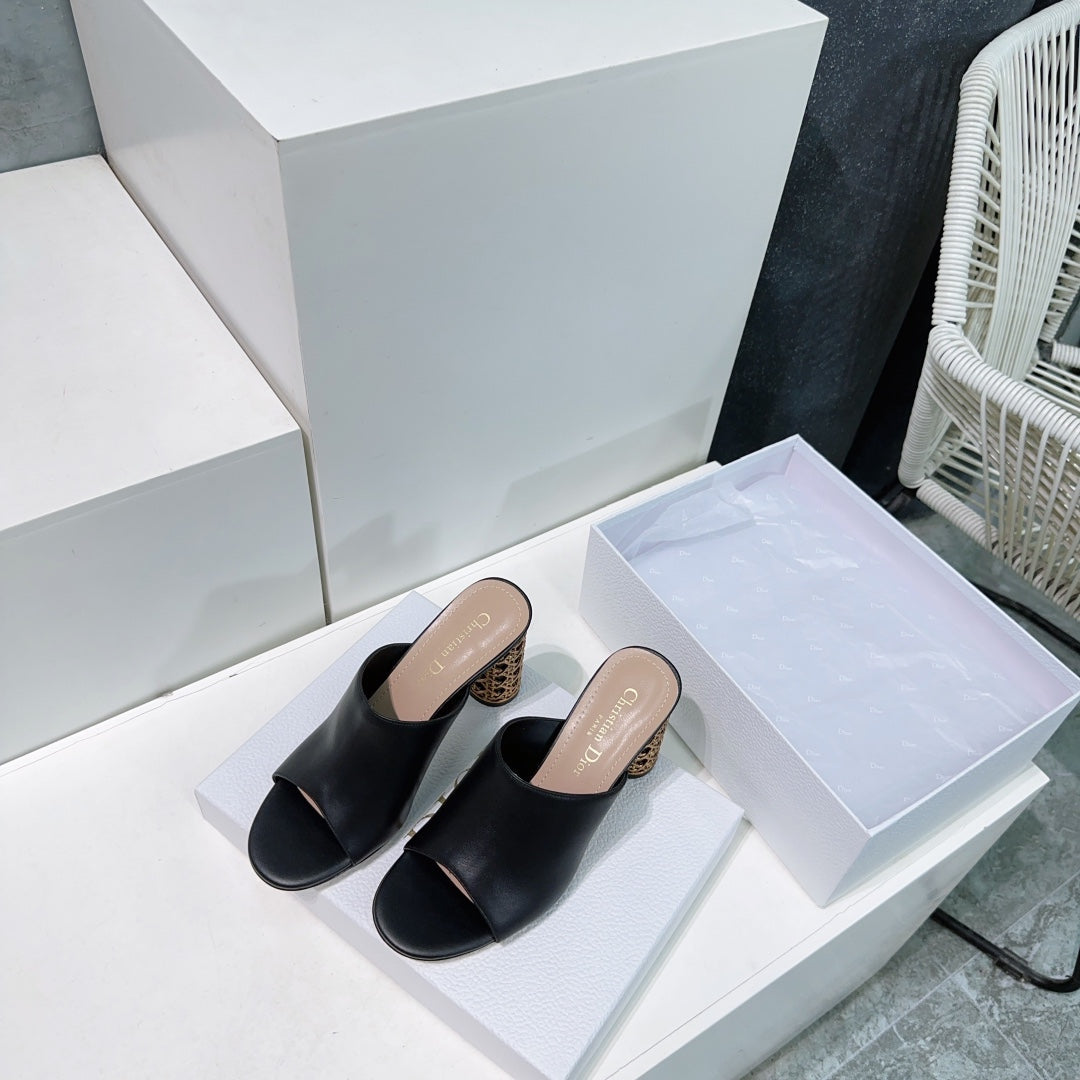 DIOR ICON HEELED SLIDE BLACK CALFSKIN 95 MM