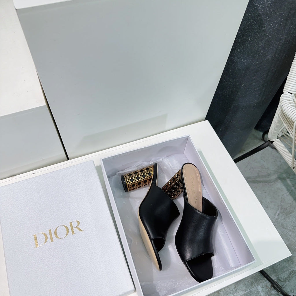 DIOR ICON HEELED SLIDE BLACK CALFSKIN 95 MM