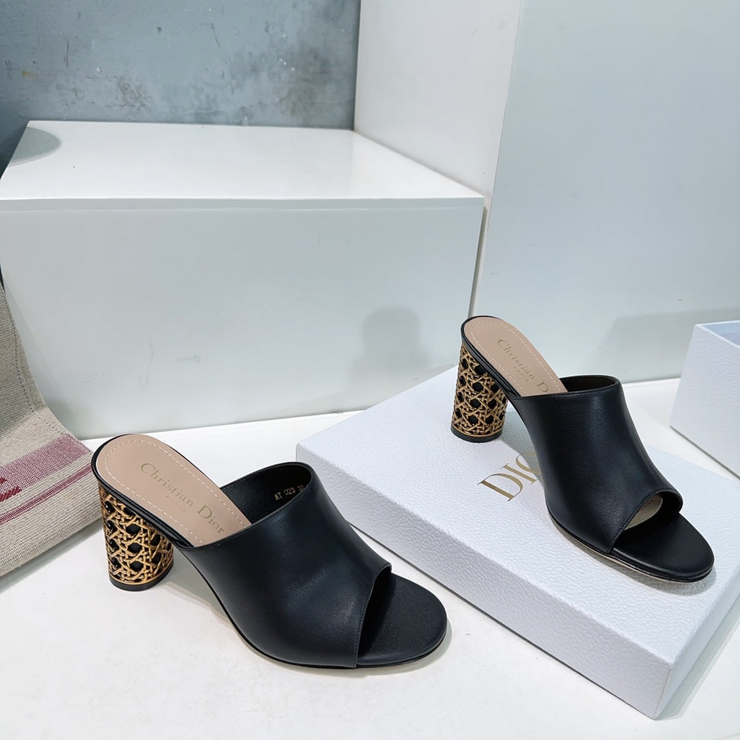 DIOR ICON HEELED SLIDE BLACK CALFSKIN 95 MM