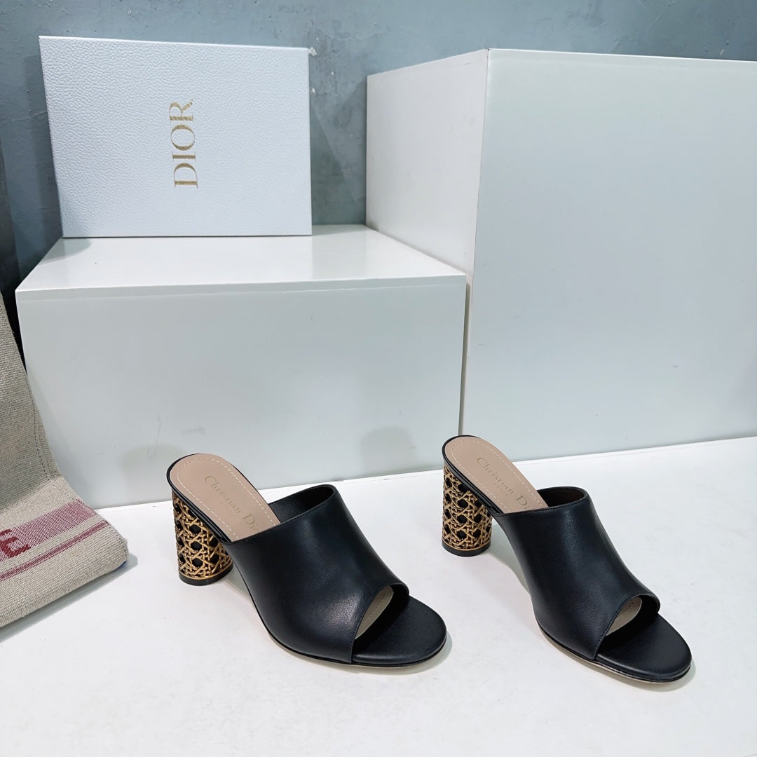 DIOR ICON HEELED SLIDE BLACK CALFSKIN 95 MM