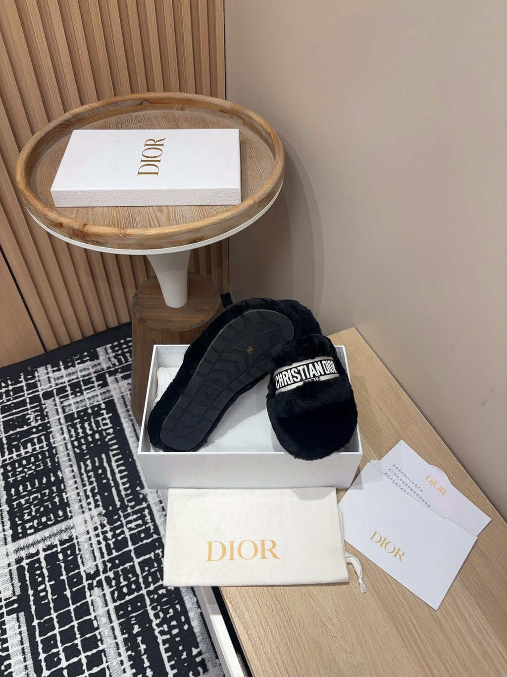 DIOR THICK-SOLE SLIPPERS BLACK SHEARLING WITH EMBROIDERED LOGO