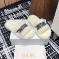 DIOR THICK-SOLE SLIPPERS WHITE CREAM SHEARLING WITH EMBROIDERED LOGO