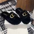 DIOR THICK-SOLE SLIPPER IN BLACK FLEECE WITH GOLD LOGO